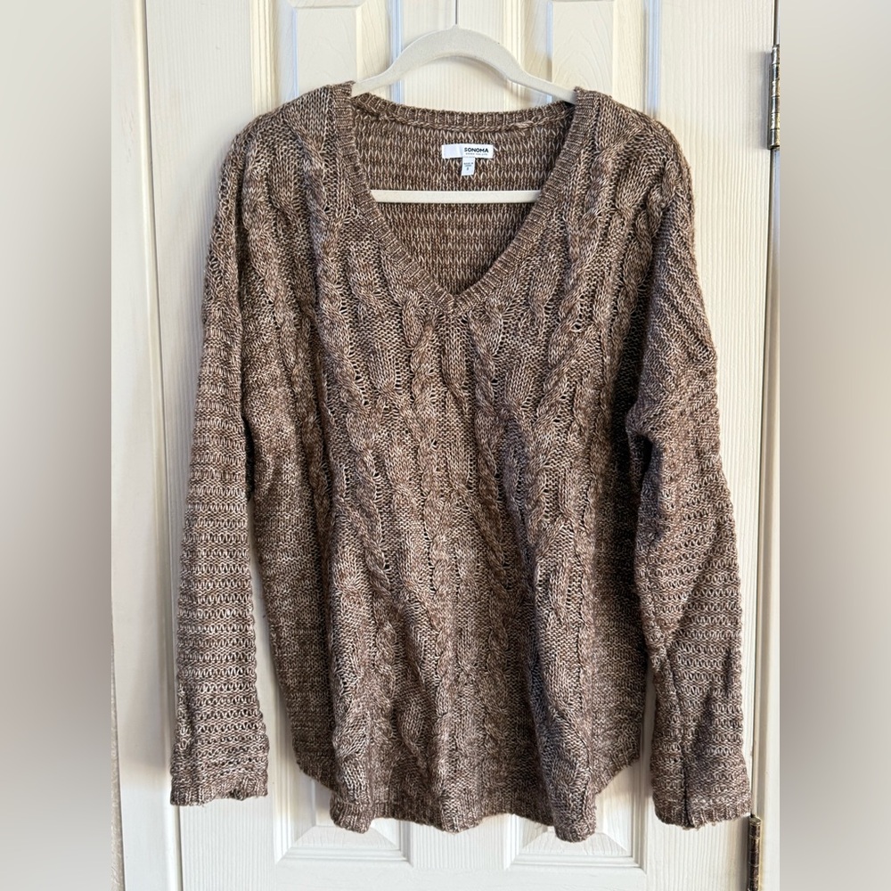 Sonoma V-Neck Cable Knit Sweater - Brown
